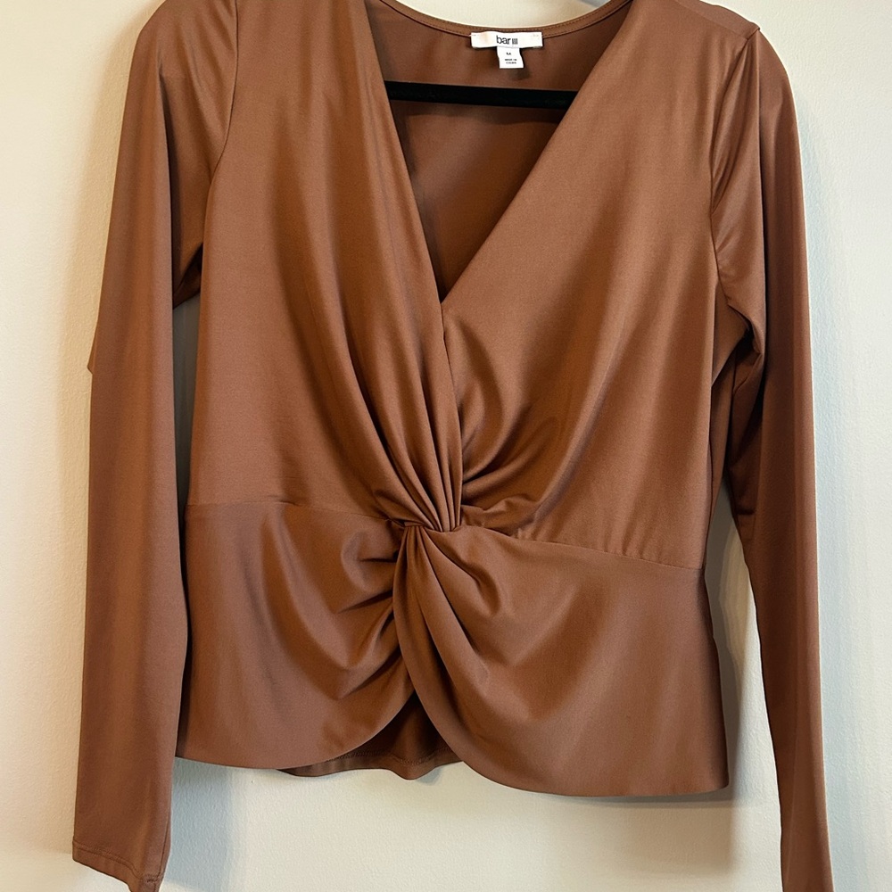 Bar III Brown Long Sleeve Wrap Blouse